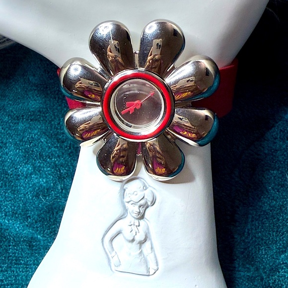 Moschino Accessories - MOSCHINO Y2K I Love Flowers Watch in Brick Red Leather and Chrome ~ WORKS GREAT